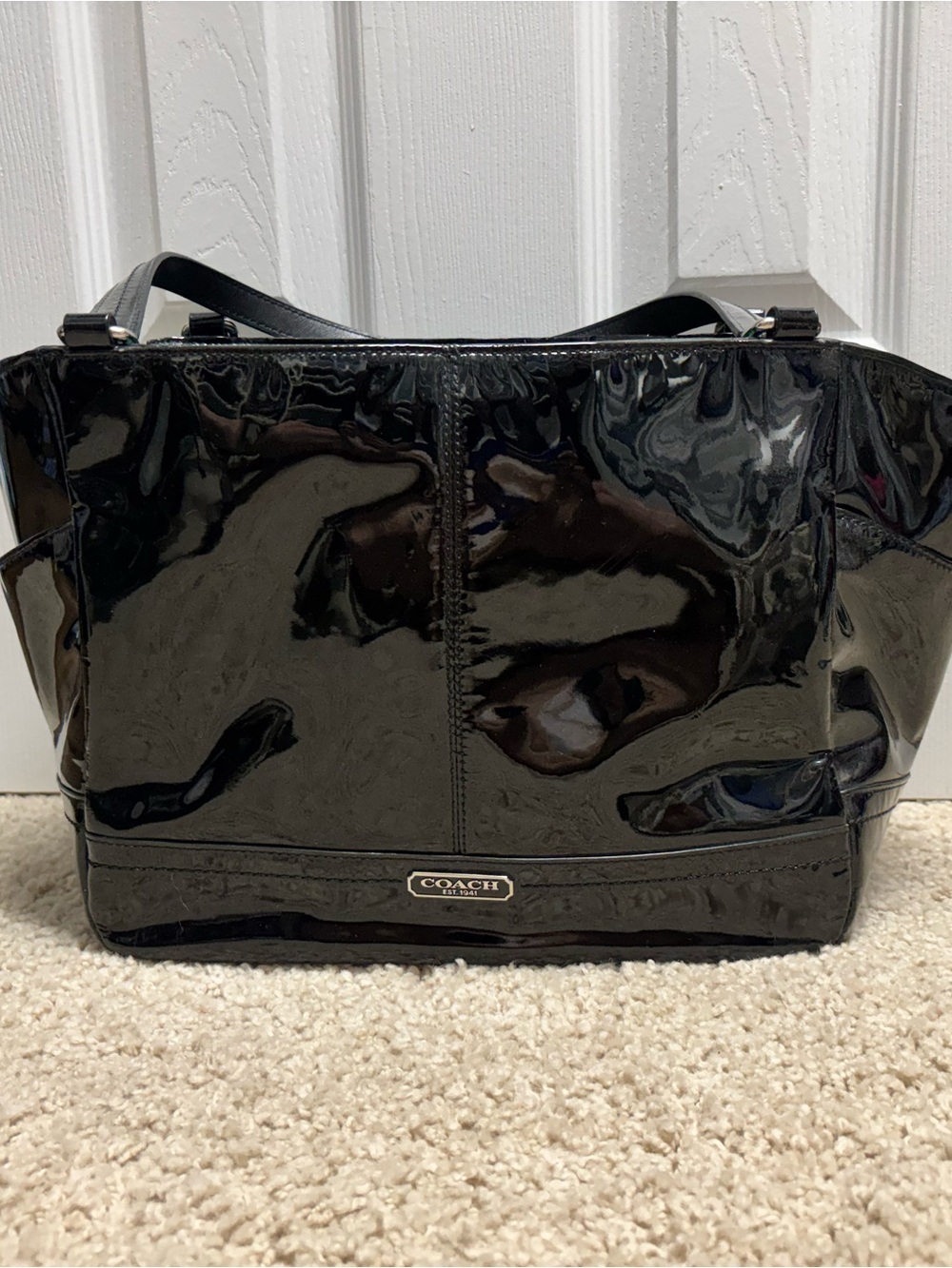 Coach Black Patent Tote with Branded Plaque